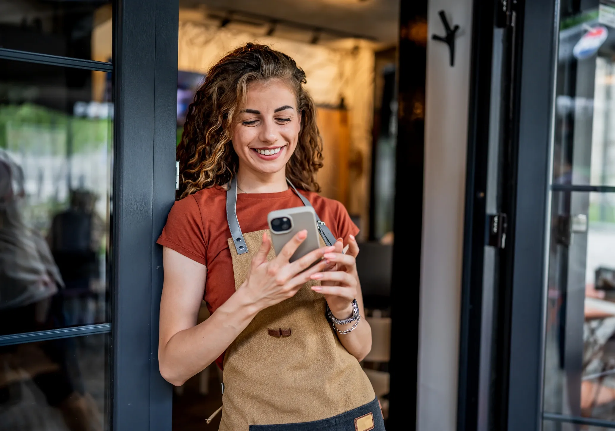 happy woman using phone